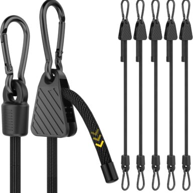Rugtol Adjustable Bungee Cords with Hooks, 6 Pack Heavy Duty Outdoor Carabiner Bungee Cord, Black Super Elastic Bungee Straps Easily Adjust from 7" to 48", Great for Cargo, Camping, Bike Racks, Tents