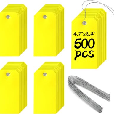 500 Pieces Plastic Shipping Tags with Wire Waterproof Hang Tags Heavy Duty Labeling Tags with String Wires Tags Labels Labeling Tags Stacking Tags for Equipment Car Parts (Yellow, 4 3/4 x 2 3/8)