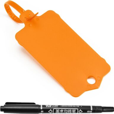 100pcs Blank Plastic Tags for Labeling Reusable Hanging Tags Ties Key Tag Storage Labels Waterproof Plastic Mark Label Writable Hang Sign with One Marker Pen (Orange)